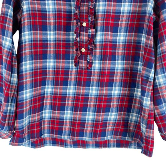 J. Crew Mercantile Flannel Plaid Popover Shirt Top Ruffle Blue Red Size XS - Picture 6 of 11